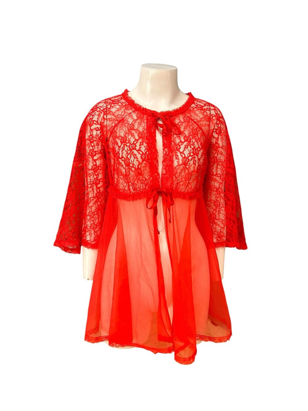 Vintage 60s Red Sheer Lace Babydoll Lingerie Peignoir Robe Small Nylon -